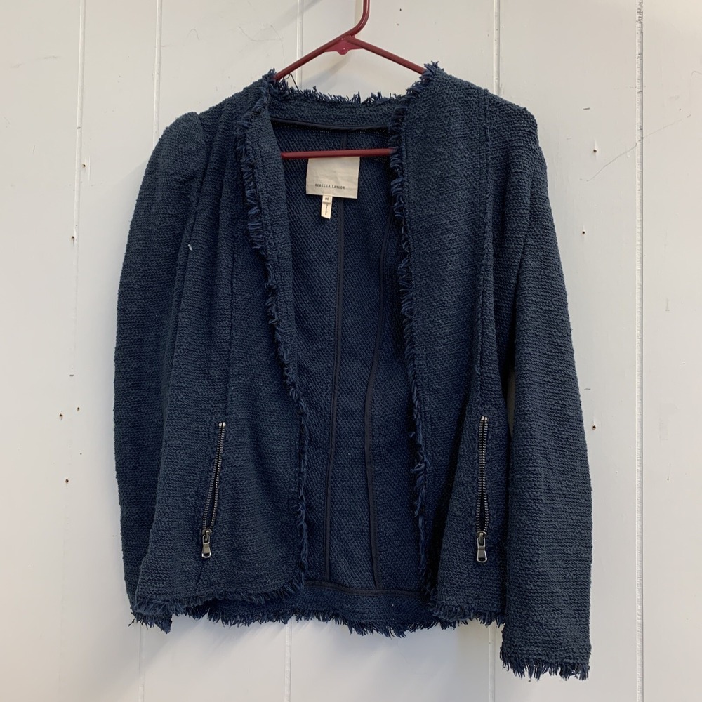 Rebecca Taylor Sweater Womens XXS Dark Blue Frayed Cardigan 00 Cotton Y2K 2000's